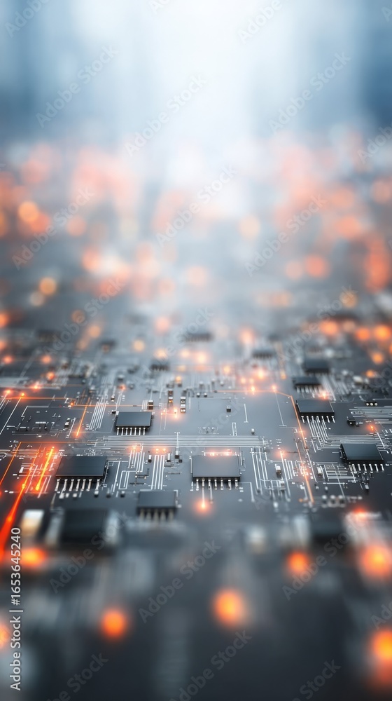 Poster a macro view of an intricate electronic circuit board showcasing a complex network of pathways glowi