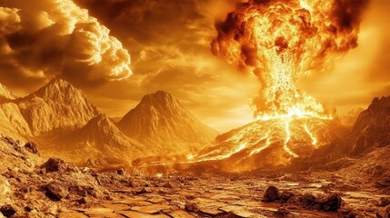 Volcanic eruption with dramatic smoke plumes and lava flows in a surreal landscape with mountains