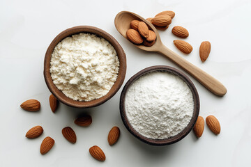 Almond and rice flour in ceramic bowls, gluten-free baking ingredients