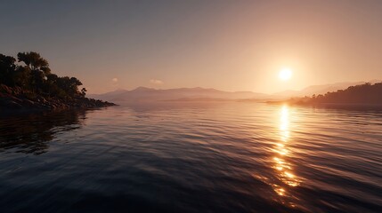 A serene sunset over a tranquil lake with a rocky shoreline and distant mountain