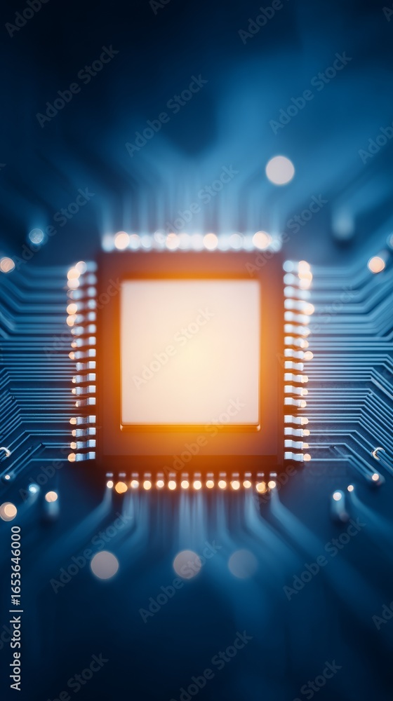 Poster detailed close up view of a complex green printed circuit board featuring an integrated blank white 