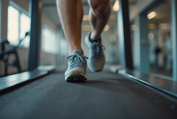 Fototapeta premium Close-up Legs Running on Treadmill in Gym