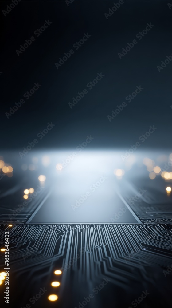 Poster intricate electronic landscape showing a detailed close up of a modern circuit board with glowing li