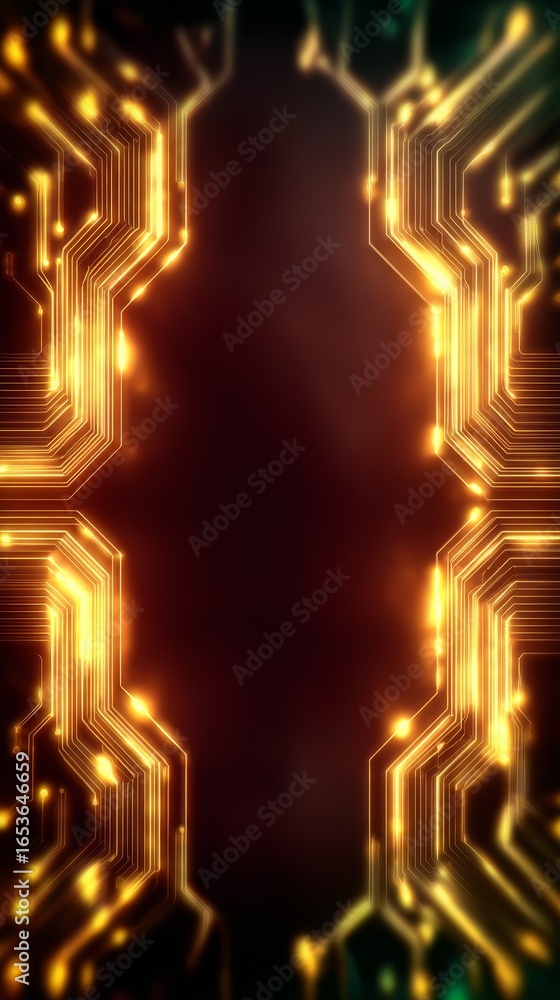 Poster intricate electronic pathways on a green printed circuit board with detailed microchips and complex 