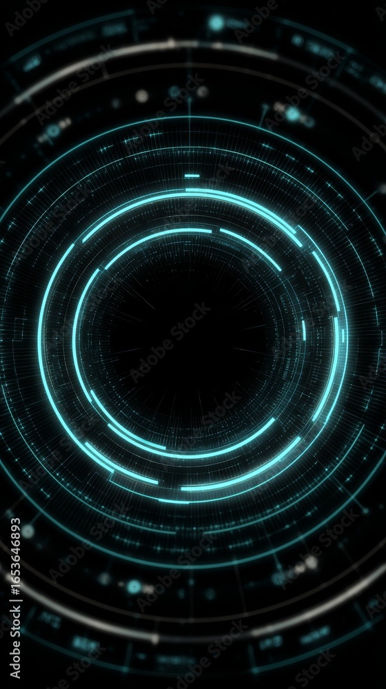 Poster a captivating abstract design featuring a luminous circular blue light glowing intensely from the ve