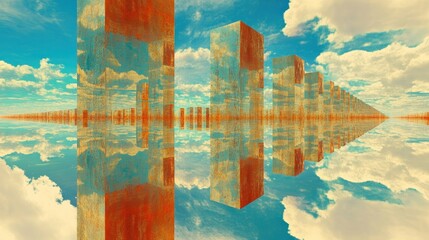 Surreal cityscape with reflective buildings under a vibrant sky and water mirroring the