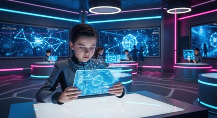 Young explorer delves into holographic technology at advanced futuristic learning center