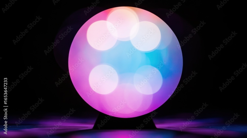 Poster colorful led light sphere with bright bokeh effect in dark background