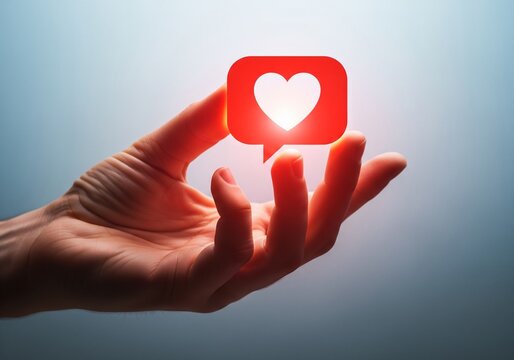 Hand holding a vibrant digital heart icon, symbolizing online appreciation and positive social media engagement, fostering virtual connection and shared feedback.