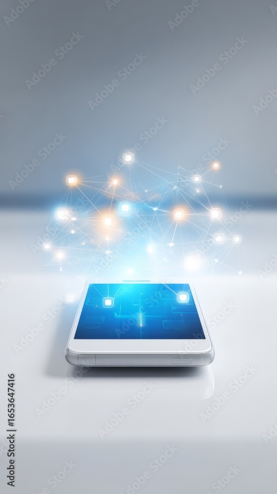 Poster conceptual illustration of global connectivity showing a mobile phone with a glowing digital network