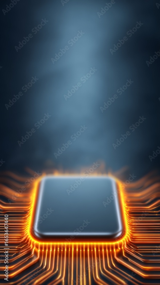 Poster futuristic central processing unit with a powerful core emitting a vibrant glowing orange light show