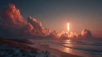 Rocket Launches from Coastline, Burning Sky, Sea, Beach, Orange, Sunset.