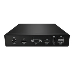 Obraz premium Black mini pc computer rear panel with multiple ports isolated on transparent background