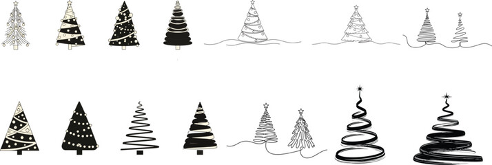 Collection of diverse Christmas tree designs in a minimalist black and white silhouette style. minimalist spiral Christmas tree vector set. 