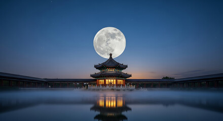 Full Moon over Asian Temple