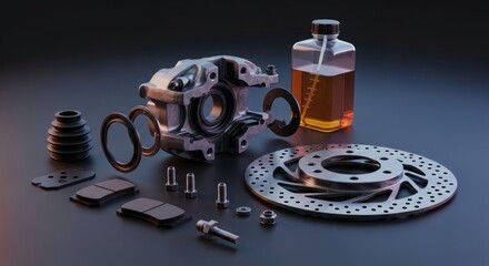 Precision engineered braking components and hydraulic fluid presented in detail