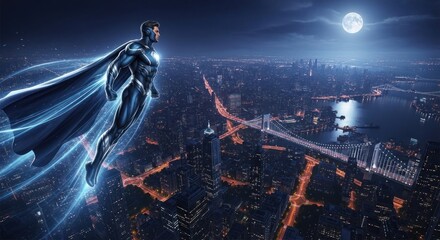 Soaring sentinel guarding metropolis at night empowered with electrifying speed trails