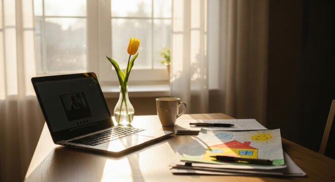 Serene workspace featuring a laptop, tulip, and child's drawing bathed in sunlight