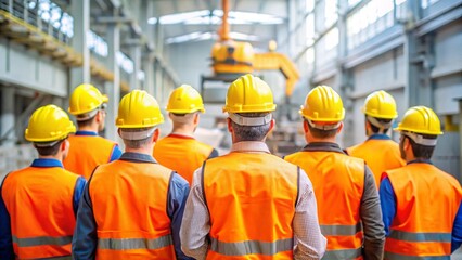 Diverse people in safety helmets working with industrial equipment in a warehouse