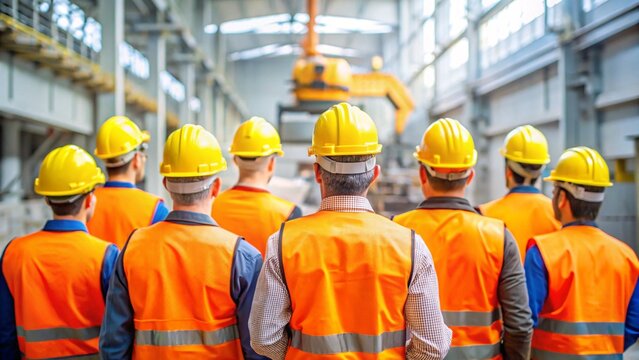 Diverse people in safety helmets working with industrial equipment in a warehouse - Powered by Adobe