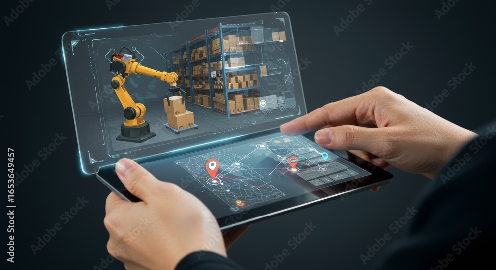 Poster hands holding a holographic display showing a robotic arm and warehouse details with location data, 
