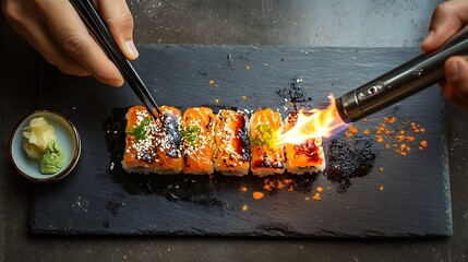 Top-down close-up of hands searing salmon sushi with a culinary torch, garnished with sesame seeds and green onions on a black slate, ideal for blogs or menus
