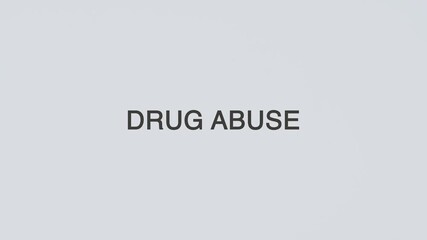 Drug abuse word diagnosed with a stethoscope held in hand on a white background, illustrating substance misuse, medical evaluation, healthcare concept, and patient awareness