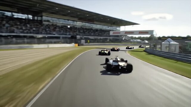 Fast-paced Formula-style race cars speed around a track corner, showcasing intense competition and dynamic movement. The sunny day and cheering crowds create an exciting atmosphere