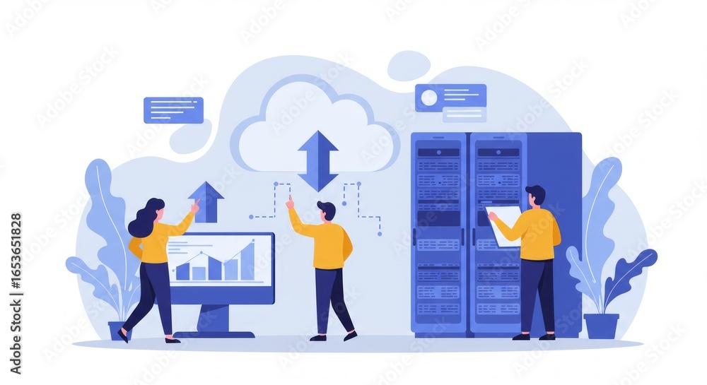 Poster illustration depicting data management. cloud, servers, and people interact to represent network dat