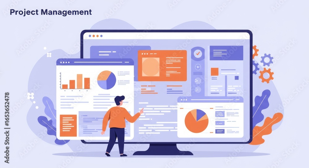 Poster Illustration depicts project management with a person interacting with a large computer screen displaying data visualizations and project tools