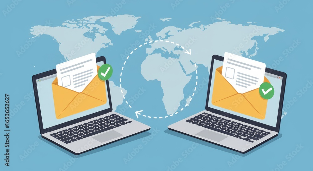 Poster illustration depicts two laptops exchanging emails across the globe, represented by an open envelope
