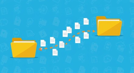 Illustration depicts file transfer paper documents flying from one yellow folder to another, with a dashed arrow showing the direction