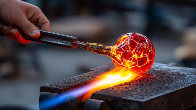 A craftsman is working with molten glass, with a hot blow torch heating and shaping it