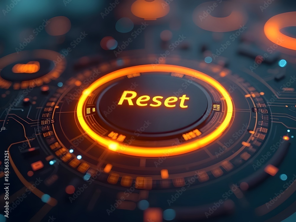 Poster futuristic glowing orange button displays the word reset in a technological interface, horizontal co