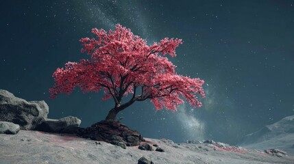 Pink tree on a rocky planet at night