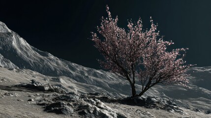 Pink blossom tree on a moon-like landscape
