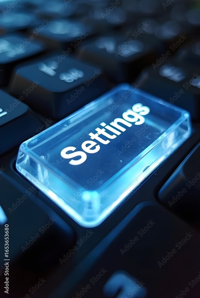 Poster a close-up shot reveals a glowing blue settings key on a dark keyboard, vertical composition. the vi