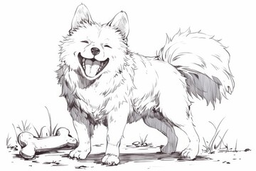 Fototapeta premium Simple black and white line art of smiling dog wagging tail with bone nearby, minimal outline design for children coloring book page