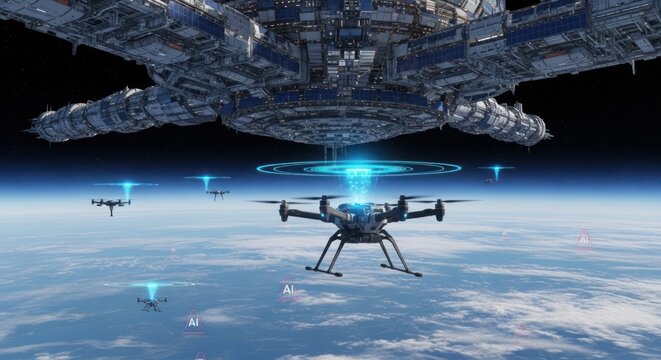 Futuristic aerial surveillance, swarm of drones connected to a mothership in orbit over earth