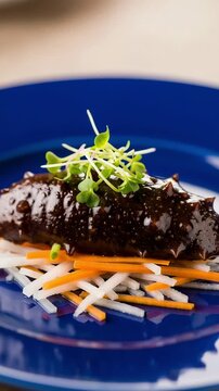 Gourmet braised sea cucumber, a traditional Asian seafood delicacy. Served on a bed of fresh julienned vegetables with microgreen garnish on a blue plate.