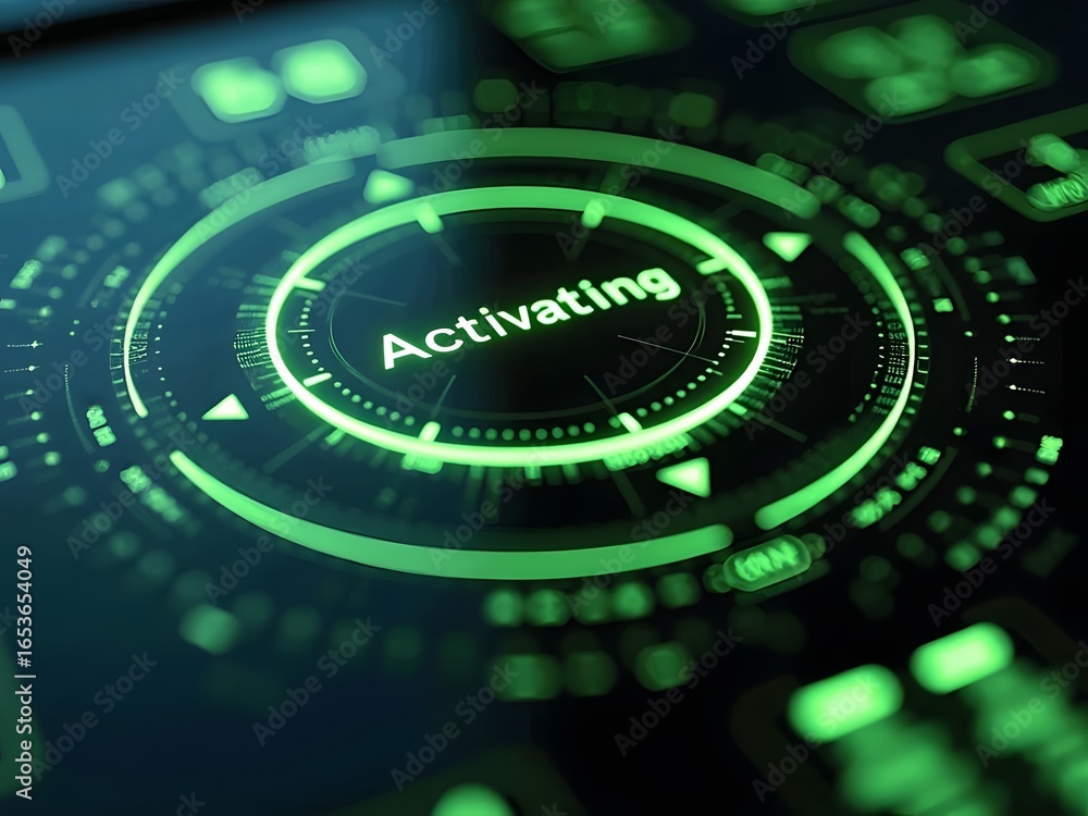 Poster green glowing interface displays the word activating in a futuristic digital hud, horizontal composi