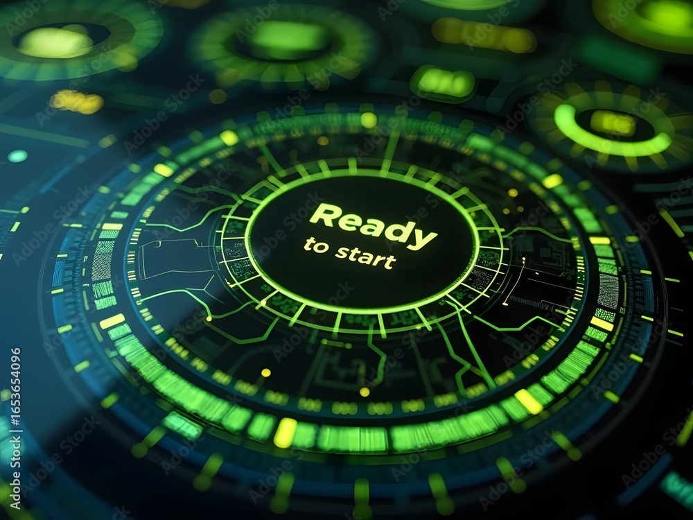 Poster futuristic green and black digital interface displays a central message ready to start, horizontal c