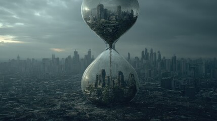 Hourglass over a ruined city