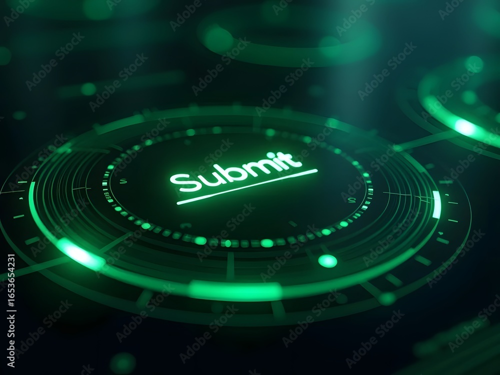 Poster abstract glowing green interface displays a submit button, horizontal composition. the futuristic de