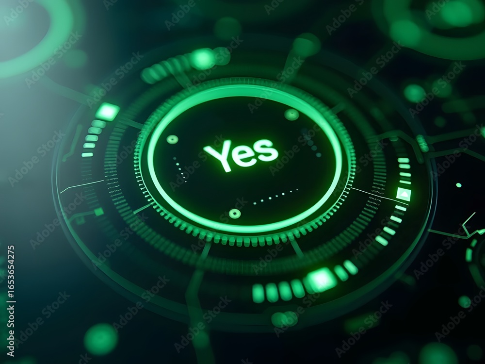 Poster affirmative digital interface glows in vibrant green, horizontal composition. a futuristic circular 