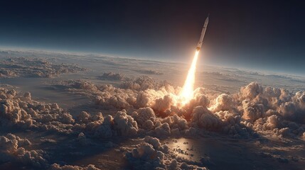 Rocket Launch Ascent into Space Above Clouds, Earth's Horizon