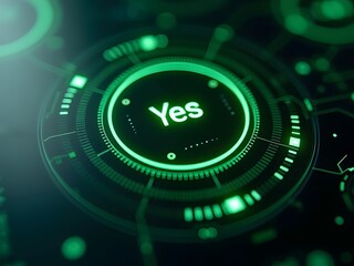 Affirmative digital interface glows in vibrant green, horizontal composition. A futuristic circular design features the word Yes, creating a technologically advanced visual.