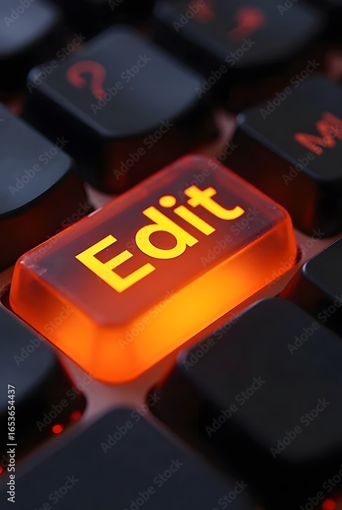 Poster glowing orange illuminates a single keyboard key, vertical composition. the word edit is brightly di