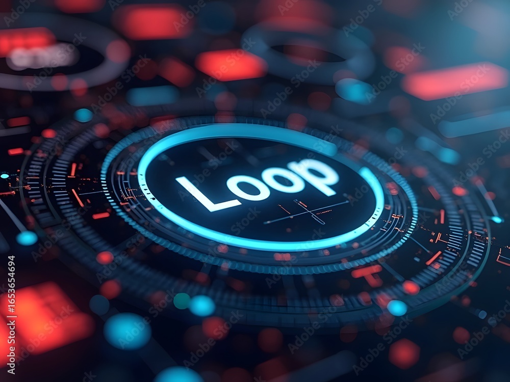 Aufkleber a digital interface displays the word loop in a glowing blue circle, horizontal composition. intrica