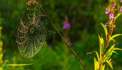 Delicate spiderweb glistening with morning dew